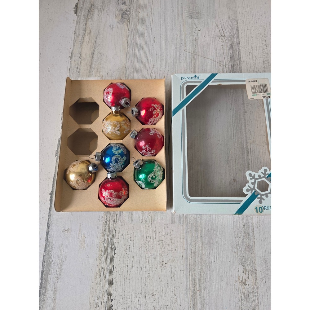 Vintage Rauch glitter stencil Mica glass ornament set box Xmas tree candy cane